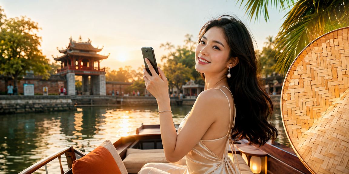 Người dùng tại Hà Nội trải nghiệm casino di động với chiếc nón lá truyền thống trong tay